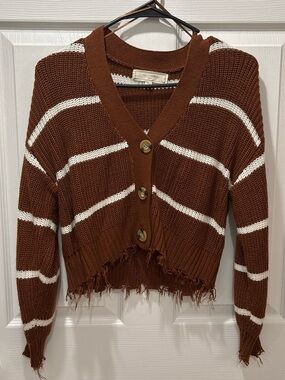 Distressed Brown & White Stripe Cropped Cardigan Sweater